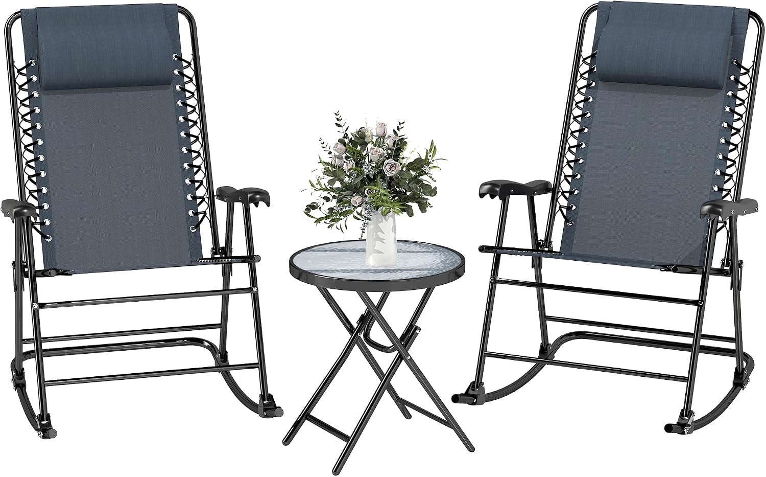 Outsunny 3 Piece Outdoor Rocking Bistro Set, Patio Folding Chair Table Set with Glass Coffee Table for Yard, Patio, Deck, Backyard, Grey