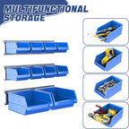 WALMANN Wall Mounted Storage Bins for Small Parts, 10 Bins with 3 Metal Rails, Plastic Wall Bins for Screws, Bolts, Nuts, Craft Room, Workshop, and Garage Storage Bins(Blue)