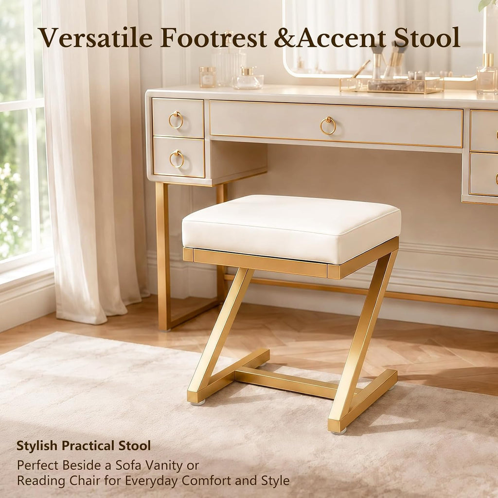 Makeup Vanity Stool Chair - Small Leather Upholstered Ottoman with Cushioned Seat and Metal Z-Frame for Vanity Desk, Bathroom, Bedroom and Dressing Room, Gold