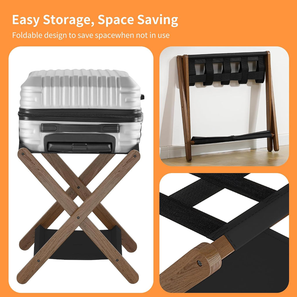 Heybly Luggage Rack, Folding Suitcase Stand with Storage Shelf, Luggage Holder with 5 Nylon Straps for Guest Room Bedroom Hotel, Walnut, HLR010WB1