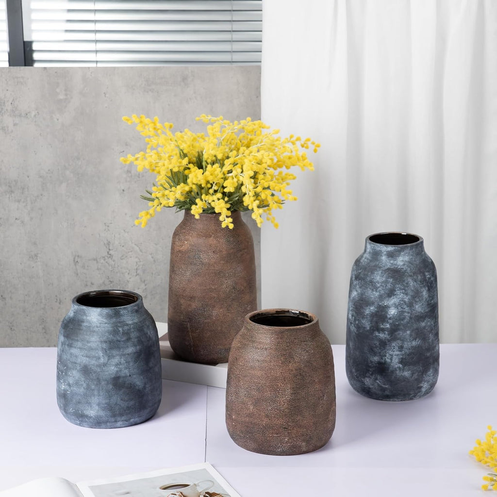Briful Rustic Ceramic Vase 7” Tall – Handcrafted Vintage Pottery Flower Vase with Distressed White-Wash Finish – Farmhouse Decorative Accent for Table, Shelf, Mantel (Not Watertight), Brown