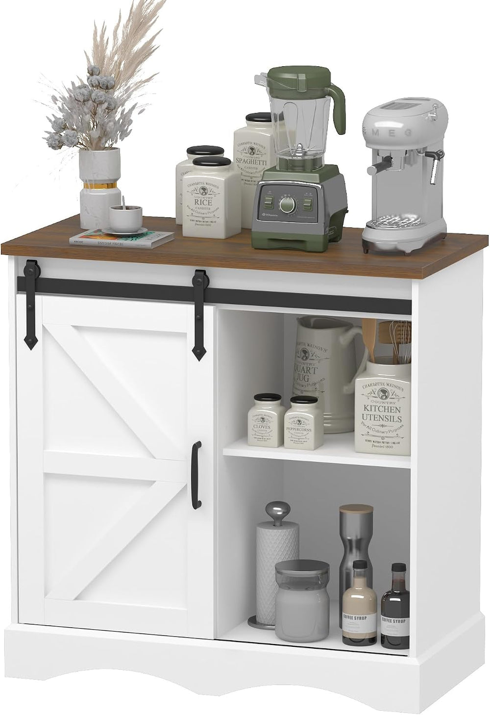 Hlivelood Farmhouse Coffee Bar Cabinet, White Buffet Storage Cabinet with Sli...