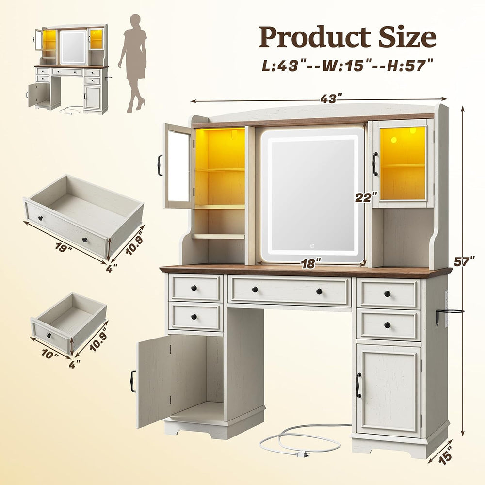 EnHomee Vanity Desk with Mirror and Lights, 43" White Makeup Vanity Desk...