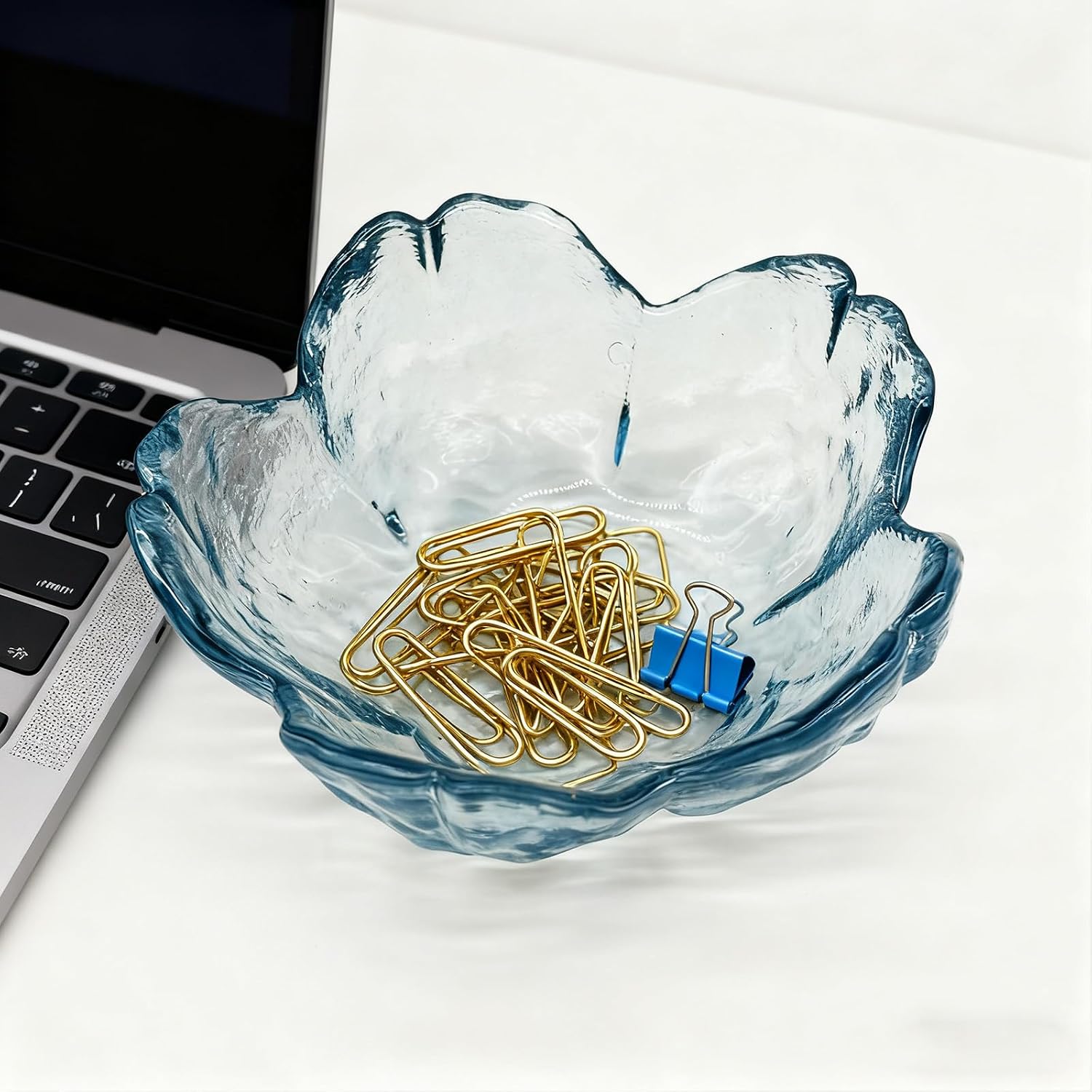 Flower Ring Dish Jewelry Tray, Glass Jewelry Dish Tray, Aesthetic Room Decor Small Trinket Dish, Nightstand Jewlery Ring Holder Dish, Bathroom Jewelry Plate Bowl for Rings Earrings Wife Gift (Blue)