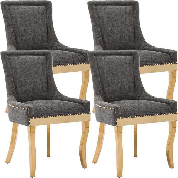 Upholstered Dining Chairs Set of 4, Modern Fabric Side Chairs with Gold Stainless Steel Legs, Accent Kitchen Chairs for Dining Room Table, Grey