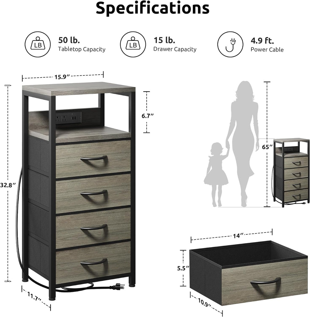 Lazzanto Night Stand with Charger Station, 4 Fabric Drawers, Grey | Nightstan...