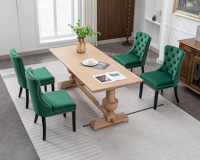 KCC Velvet Dining Chairs Set of 4, Upholstered High-end Tufted Dining Room Chair with Nailhead Back Ring Pull Trim Solid Wood Legs, Nikki Collection Modern Style for Kitchen, Green