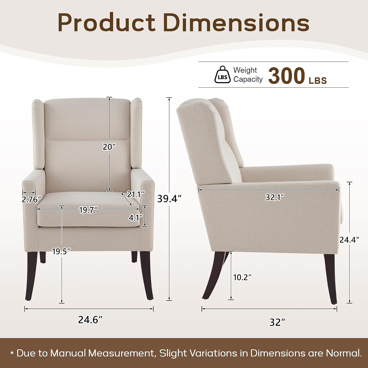 Zihanhome High Back Accent Chair, Fabric Upholstered Living Room Chairs | Modern Comfy Armchair with Wooden Legs for Living Room,Bedroom,Apartment,Reading Spaces. (1, Beige)