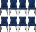 Velvet Upholstered Dining Chairs Set of 8, Modern Style Kitchen Side Chairs with Nailhead Trim and Wood Legs,Metal Pulling Ring for Dining Room Living Room(Blue)