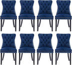Velvet Upholstered Dining Chairs Set of 8, Modern Style Kitchen Side Chairs with Nailhead Trim and Wood Legs,Metal Pulling Ring for Dining Room Living Room(Blue)