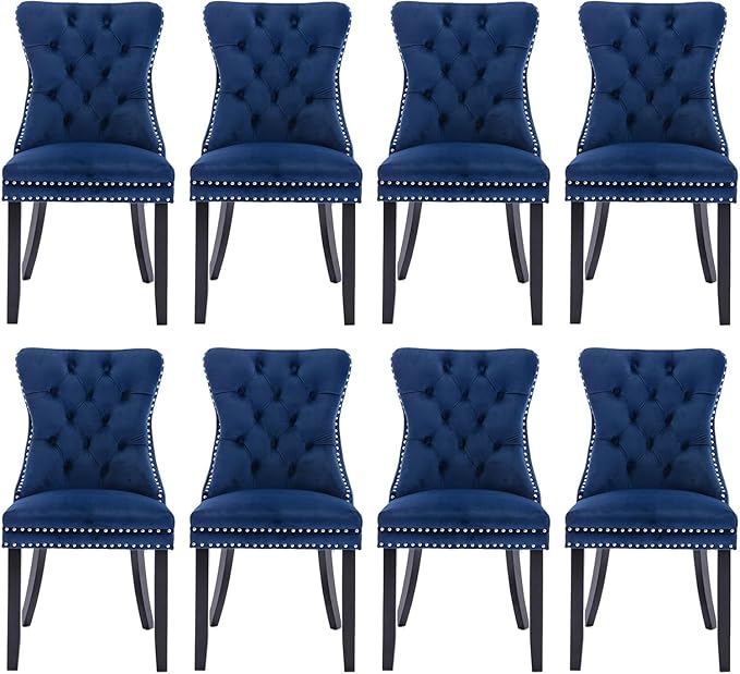 Velvet Upholstered Dining Chairs Set of 8, Modern Style Kitchen Side Chairs with Nailhead Trim and Wood Legs,Metal Pulling Ring for Dining Room Living Room(Blue)
