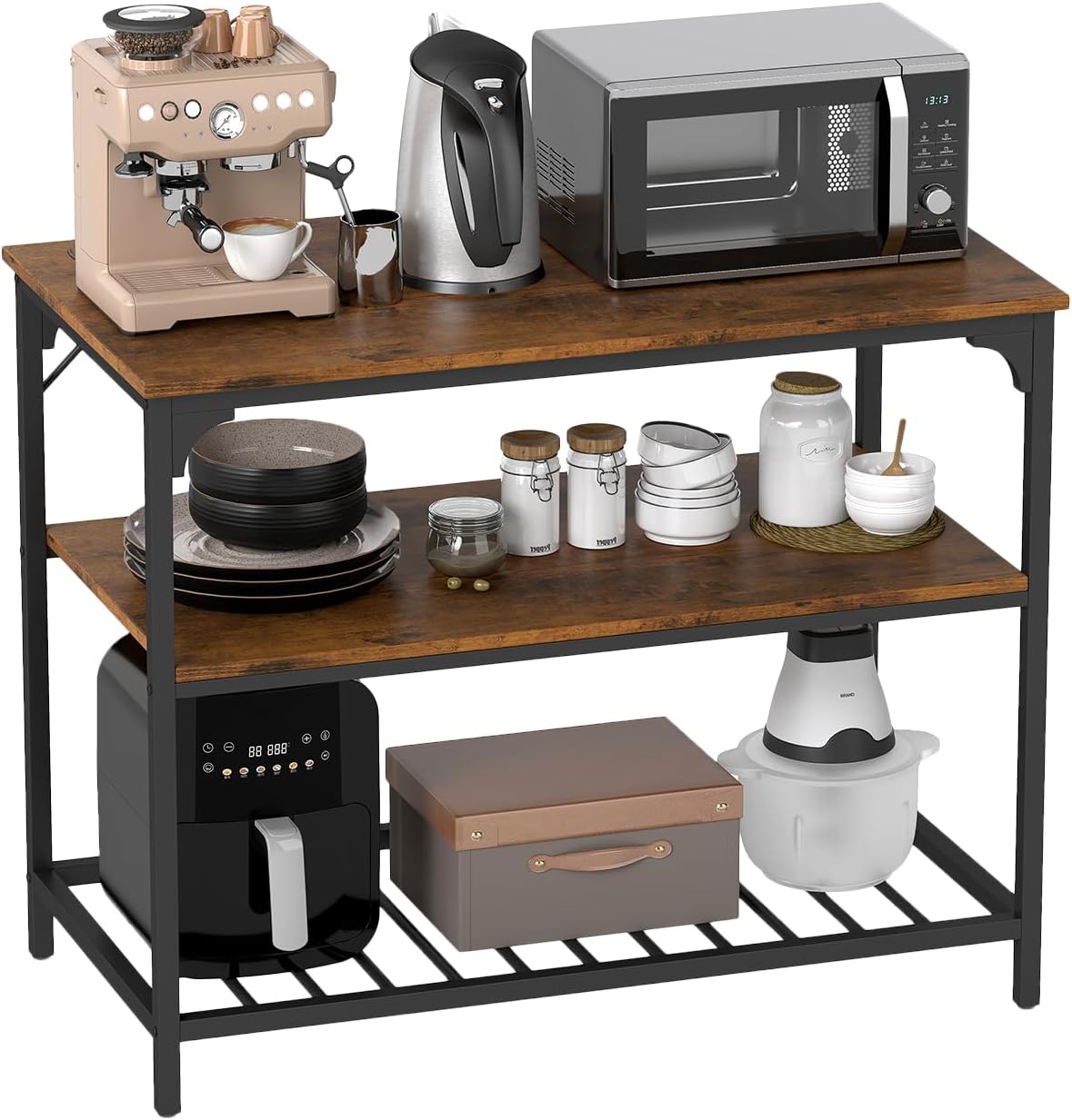 PayLessHere 3 Tiers Kitchen Island 47.2 Inches Width Storage Counter with Large Storage Space Thick Board Top Solid Structure Shelf for Home Kitchen Restaurant Cafe (Brown)