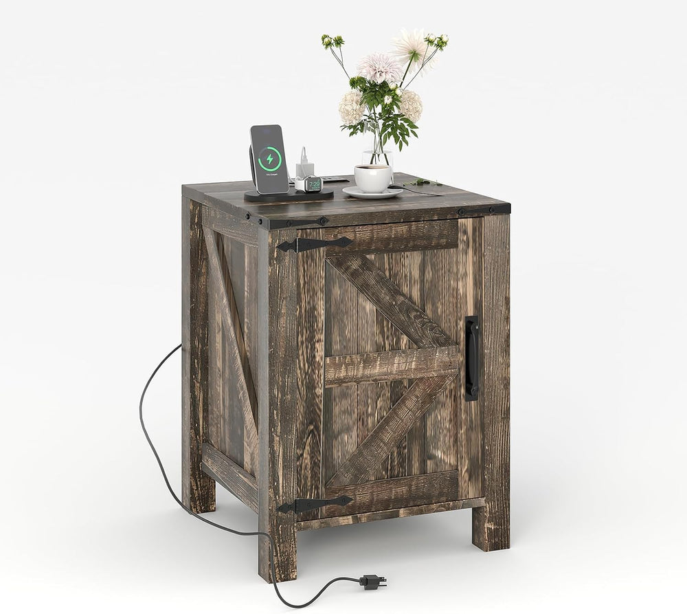 Takywep 18 Inch Nightstand with Charging Station, Farmhouse Wooden Bedside Ta...