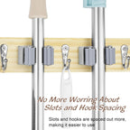 Mop and Broom Holder Wall Mount - Light Wood Broom Mop Hanger - Wall Mounted Garden Tool Rack Organizer for Closet Garage Laundry Room Kitchen With 4 Slots & 4 Hooks
