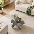 Round Glass Top Coffee Tables, 33.4 Inch Gray Coffee Table with Crossed Legs, Modern Mid Century Round Coffee Tables for Living Room, Circle Glass Coffee Tables for Living Room