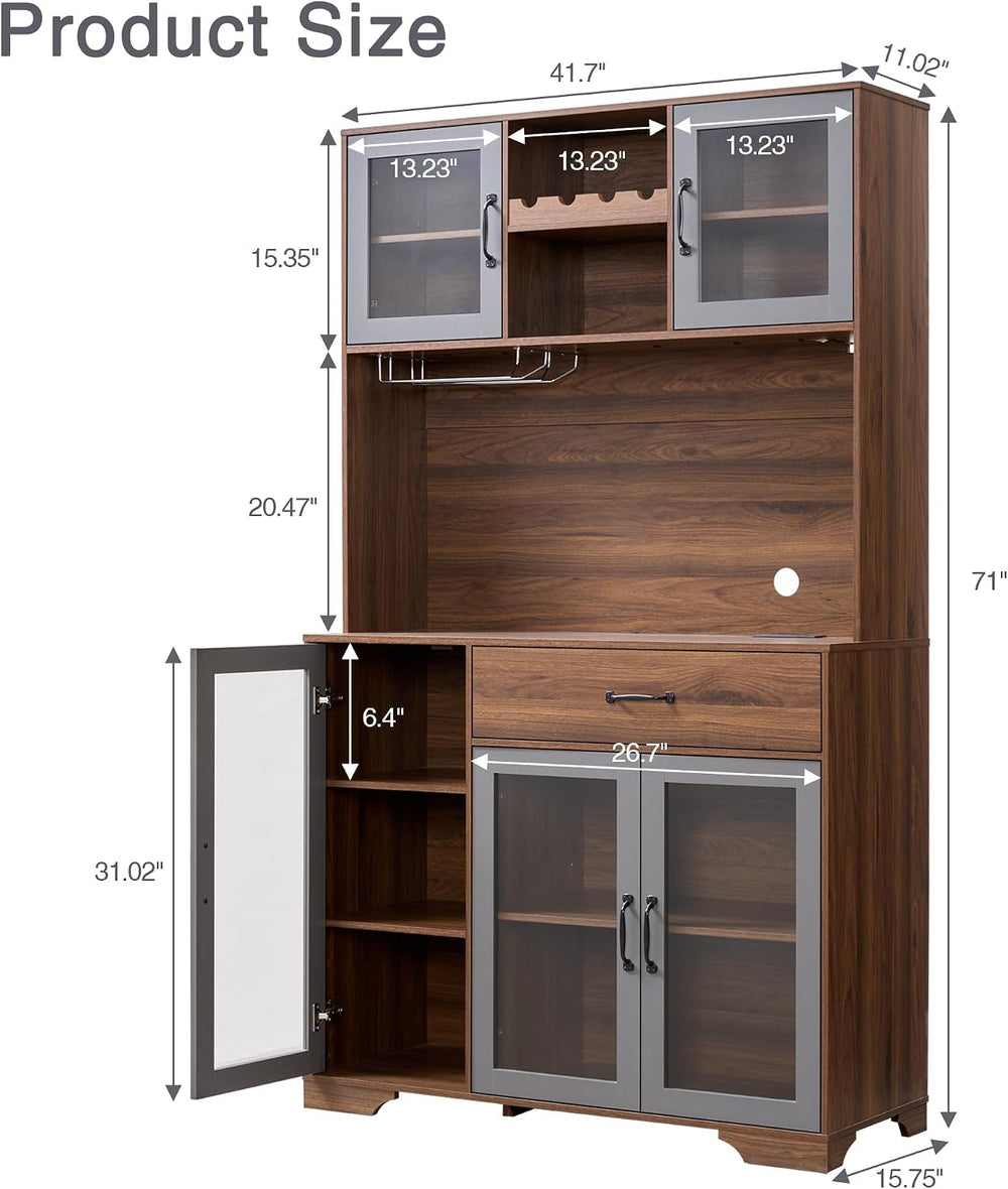 Fatmok 71" Tall Pantry Cabinet with Glass Doors, Kitchen Hutch Storage C...