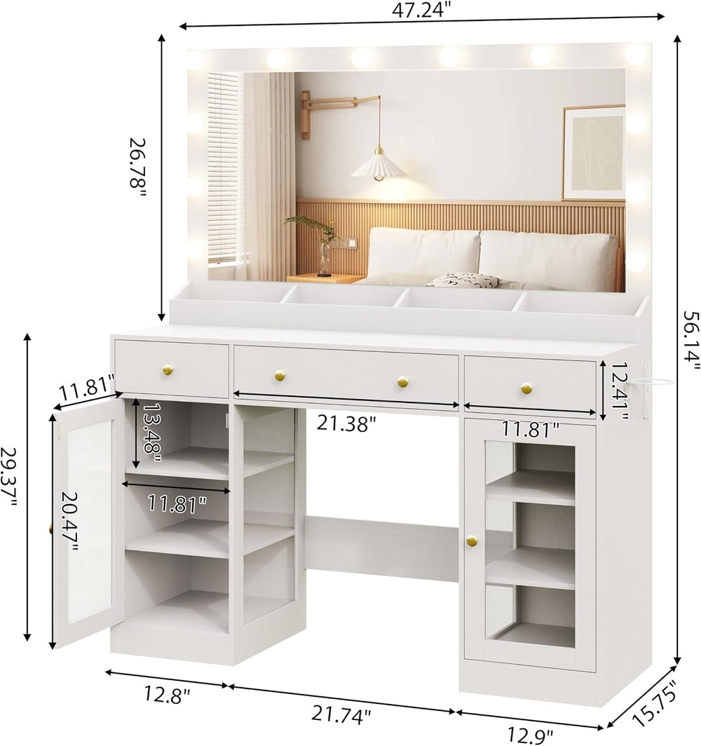 Thacuok Makeup Vanity with Large Mirror and Lights, 47''Wide Dressing...