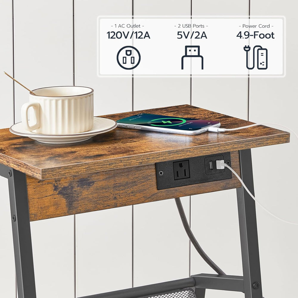 HOOBRO Side Table with Charging Station, Small End Table with Magazine Storag...