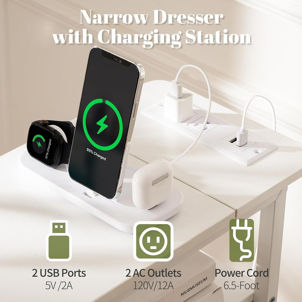 Yoobure LED Narrow Nightstand with Charging Station - Slim Dresser for Bedroo...