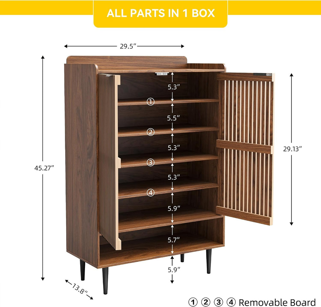 Shoe Cabinet with 2 Doors for Entryway, 21 Pairs Wooden Shoe Storage Cabinet with Adjustable Shelves, Farmhouse Hidden Shoe Organizer for Hallway & Mudroom, Slim Freestanding Shoe Cabinet, Walnut