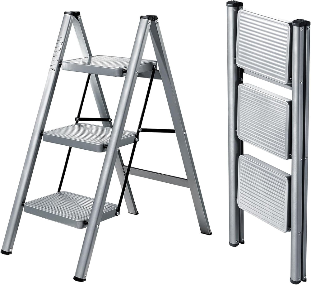 3 Step Ladder, Steel Folding Step Stool with 330lbs Heavy Duty