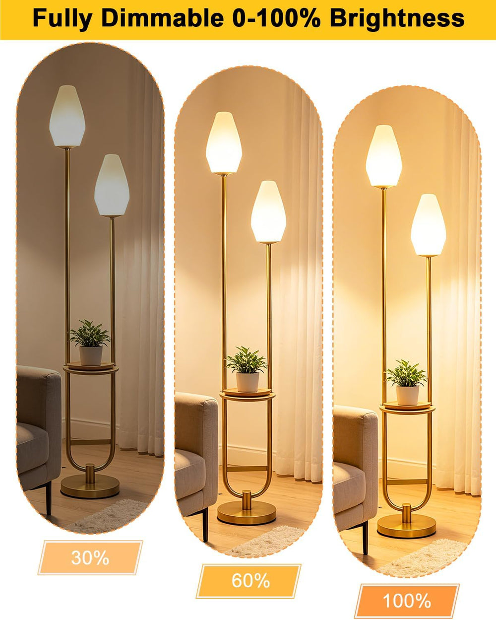 Lightdot 63IN Gold Floor Lamp with Shelf Mid Century Tall Standing Lamps with...