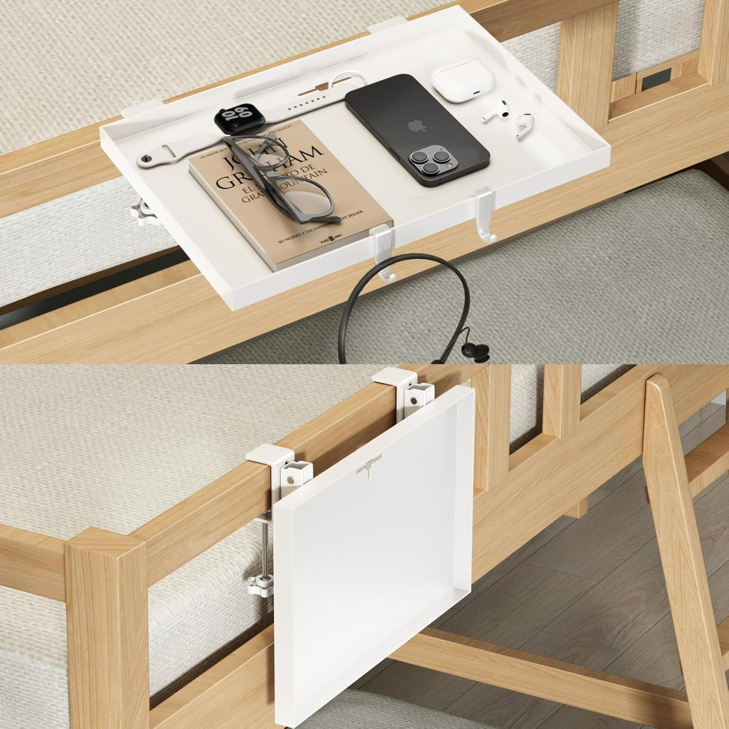 Bedside Shelf Foldable, Metal Clip-On Bunk Bed Table Shelf for Top Bunk Heavy Duty Bed Side Table Tray for College Dorm Room Essentials, Loft Nightstand Organizer Tray with 1 Cord Hole(White)