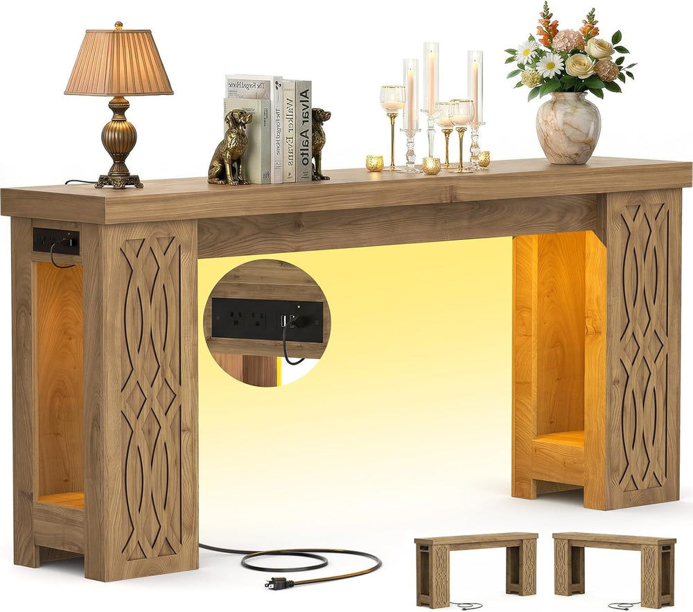 Cyclysio 63" Console Table with Outlet & Colorful LED Lights, Natura...