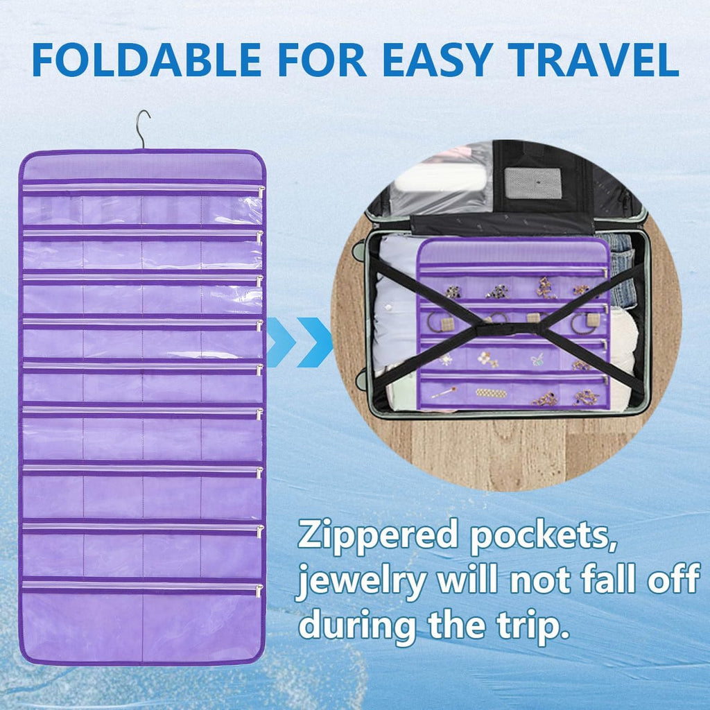 Travel Jewelry Organizer Dual Sided Hanging Earring Holder Bracelet Storage Rolls Rings Display Case with 68 Zippered Pockets (PURPLE)