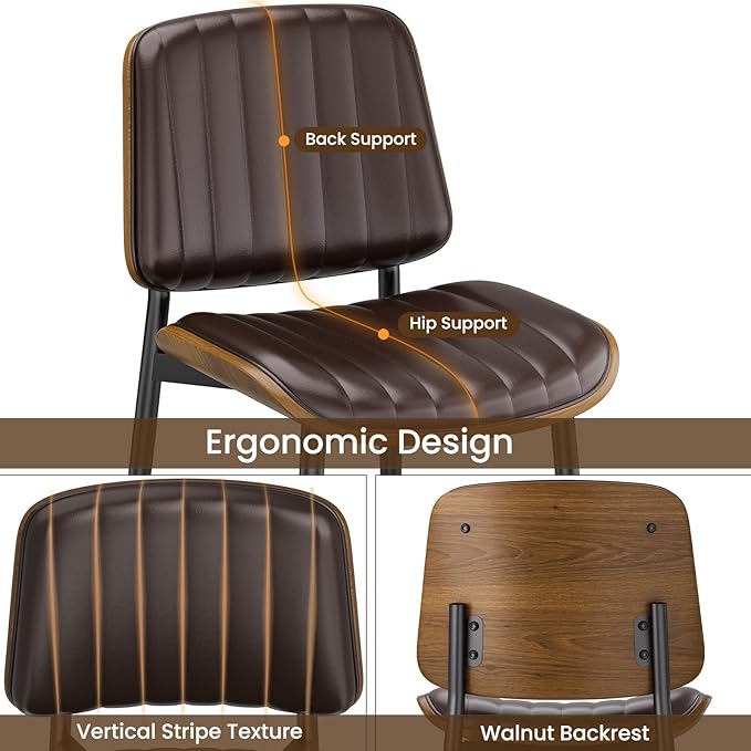 Dining Chairs Set of 2, Mid Century Modern Dining Room Kitchen Chairs, Upholstered PU Leather Vertical Stripe Chairs for Vanity with Walnut Bentwood and Metal Legs, Brown