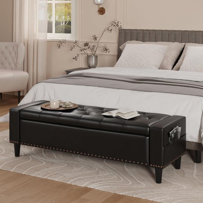 60" Storage Ottoman Bench, Faux Leather Upholstered Bed Bench, Black