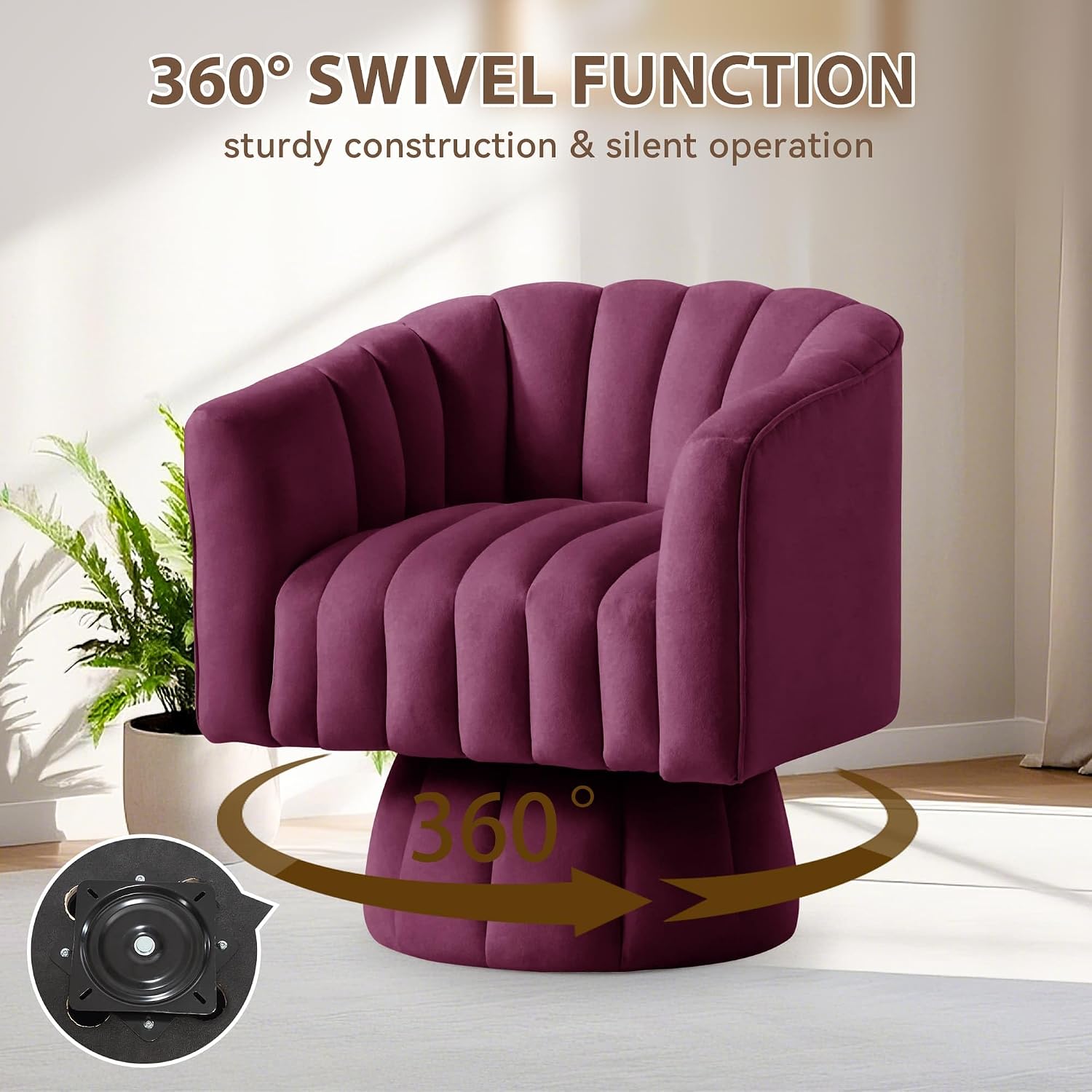 YSICK Swivel Accent Chair,360°Swivel Barrel Chairs, Mid-Century Chair with Wide Upholstered, Modern Velvet Fabric, Round Armchair for Living Room, Lounge, Bedroom, Purple