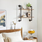 YMYNY Industrial Pipe Shelf Bracket, 2 Tiers Retro Wall Mounted Floating Shelf, Wood DIY Bookshelf, Storage Shelves for Living Room, Bedroom, 24" Farmhouse Bathroom Shelving, HD-UHRF-TM004