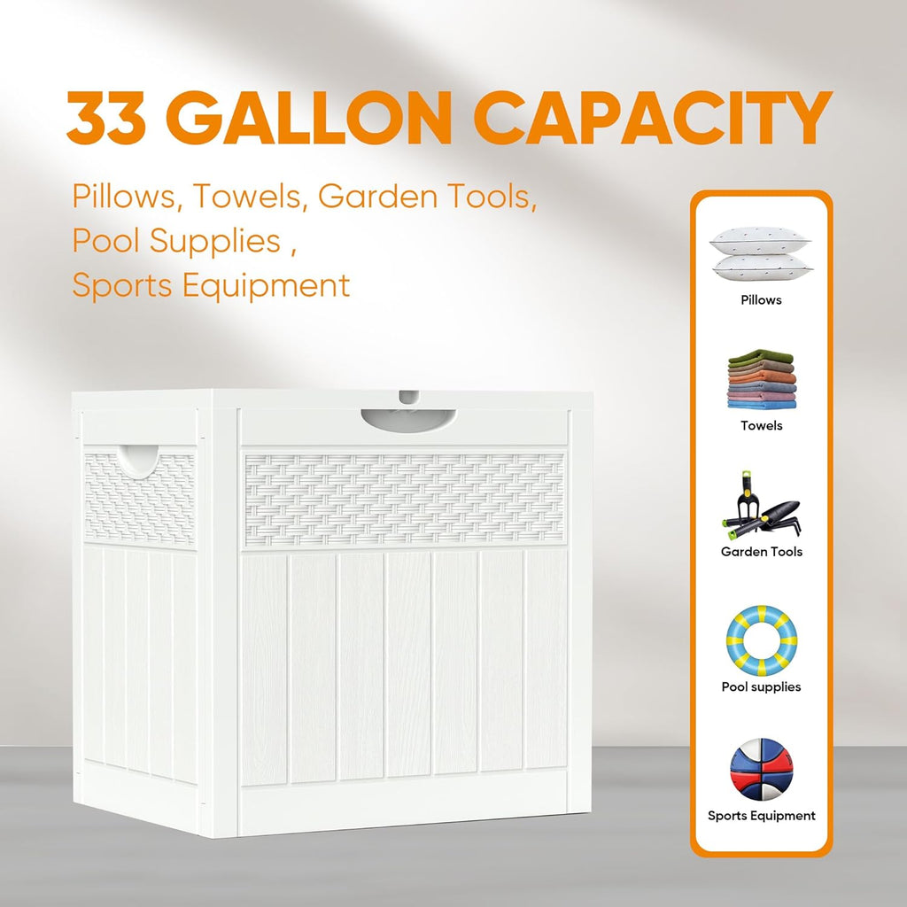 ZYJOYY 33 Gallon Resin Deck Box, Weatherproof Outdoor Storage Box for Patio, Garden and Yard, Lockable Waterproof Bin for Tools, Cushions, and Accessories, White