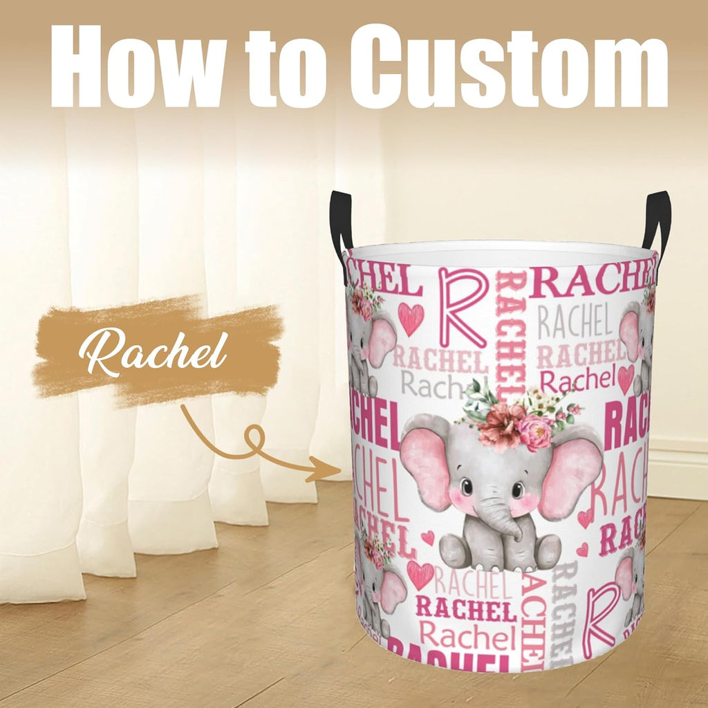 Custom Name Laundry Hamper, Personalized Elephant Laundry Basket with Name for Boys Girls Kids Men Women, Customized Name Dirty Clothes Basket Gifts for Clothes Toy Bathroom Bedroom Laundry Room Dorm