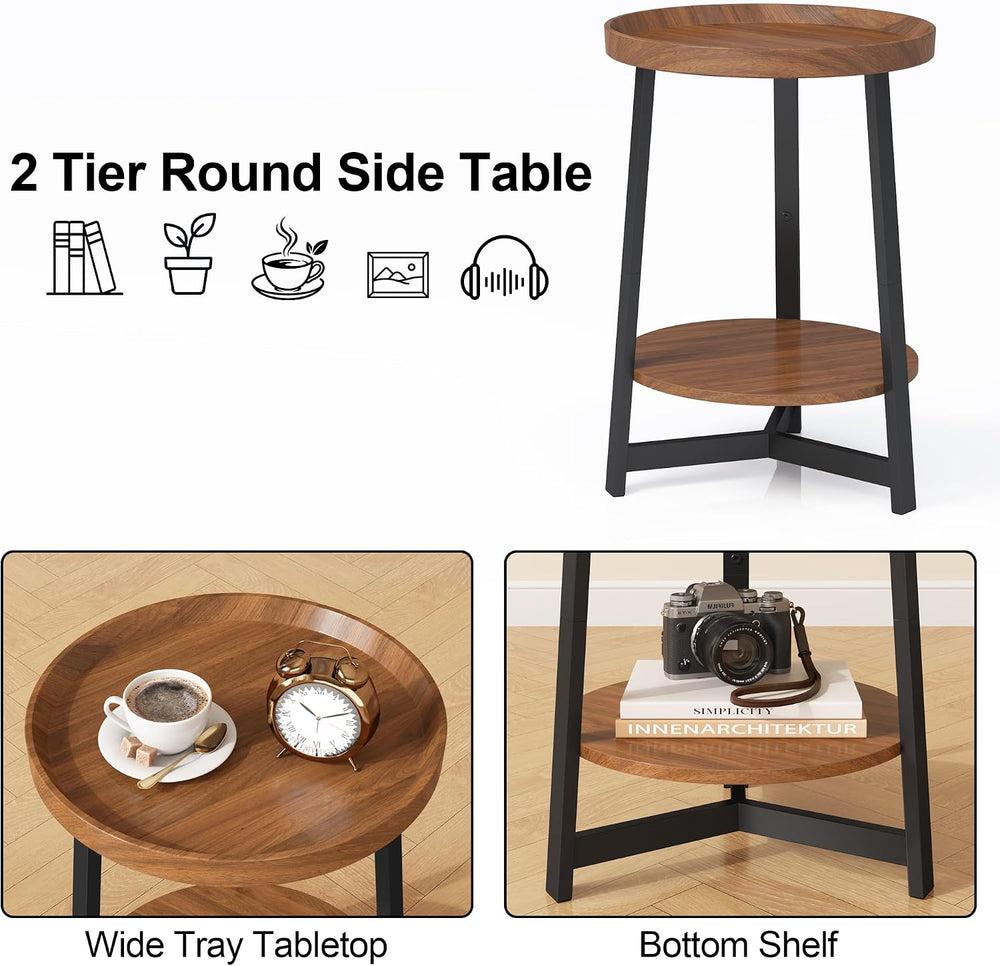 2-Tier Round End Table with Charging Station and Industrial Sofa Side Table,R...