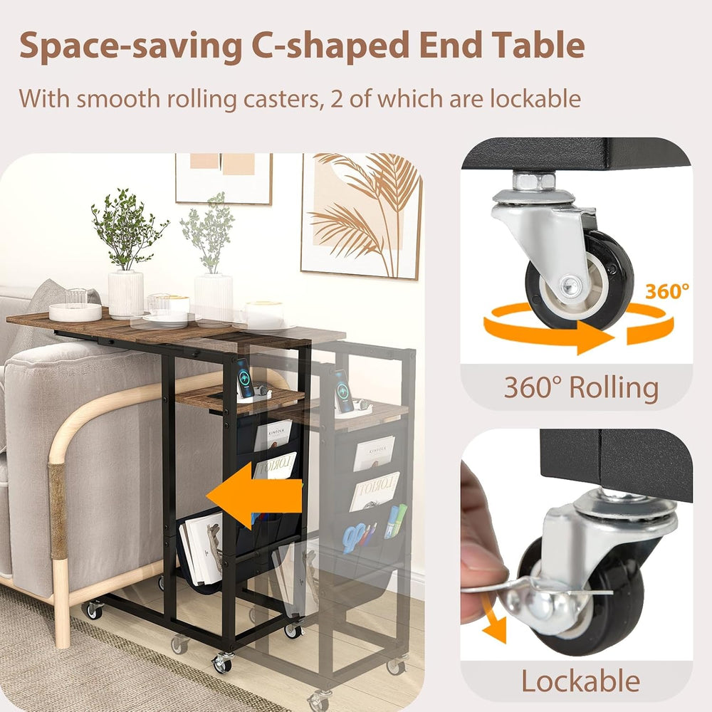 Giantex C Shaped End Table with Charging Station, 27’’H Slide Under Couch Sid...