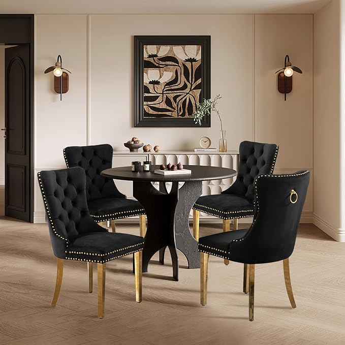 Velvet Upholstered Dining Chairs Set of 4, Modern Style Kitchen Side Chairs with Nailhead Trim and Gold Plated Leg, Metal Pulling Ring for Dining Room Living Room(Black,Set of 4)
