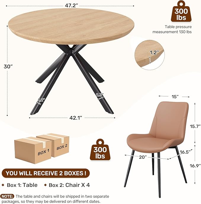 47.2" 5-Piece Round Dining Table Set for 4, Modern Wood Dining Table with 4 Upholstered Chairs, Kitchen & Dining Room Table Set with Metal Base for Apartment, Small Space, Natural Table+4 Brown Chairs
