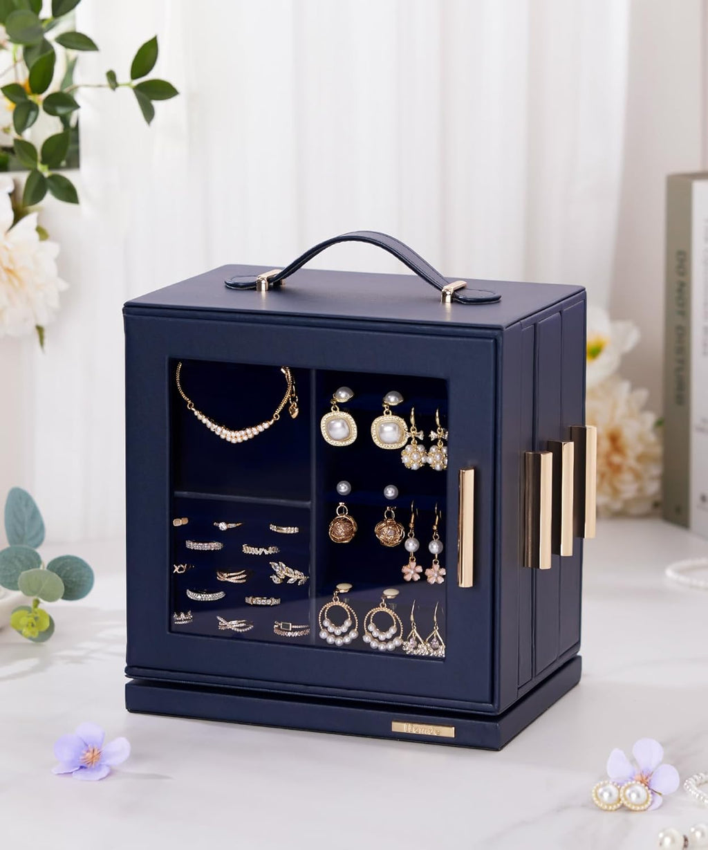 Homde Christmas Gifts Jewelry Box 360° Rotating, Necklace Earring Organizer with Transparent Window, Mirror, 7 Drawers, Large Ring Display Storage Case for Girls Women (Dark Blue)