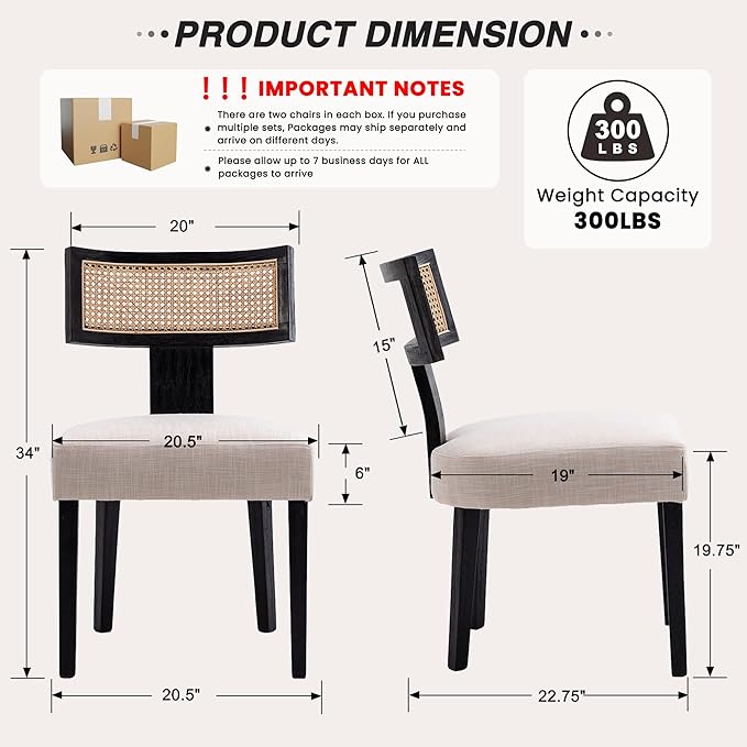 HNY Mid Century Modern Rattan Dining Chairs Set of 4, Farmhouse Linen Upholstered Accent Chair Curved Backrest Kitchen Chairs, with Black Hardwood Frame, Beige