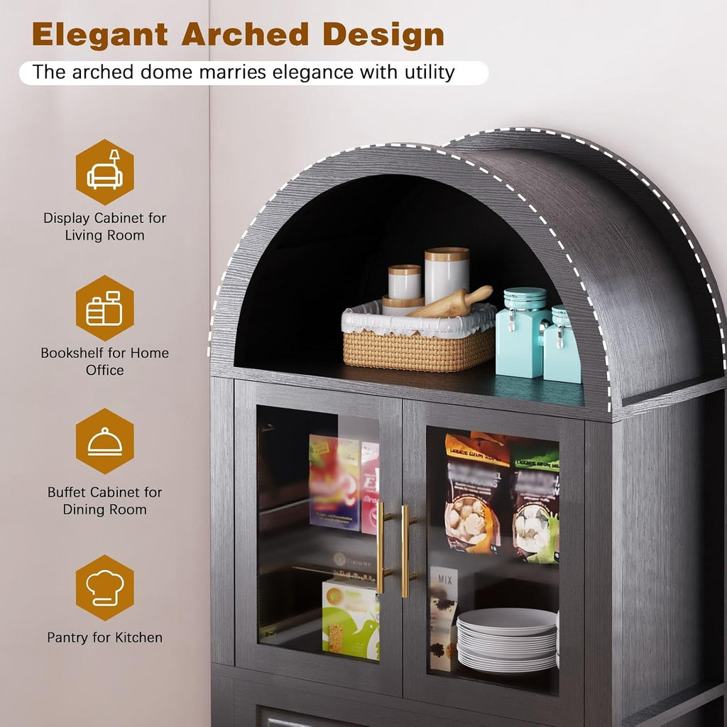 71" Kitchen Pantry Cabinet with Glass Doors and Barn Door, Farmhouse Storage Cabinet with Adjustable Shelves, Arched Design Buffet Hutch for Kitchen, Dining Room