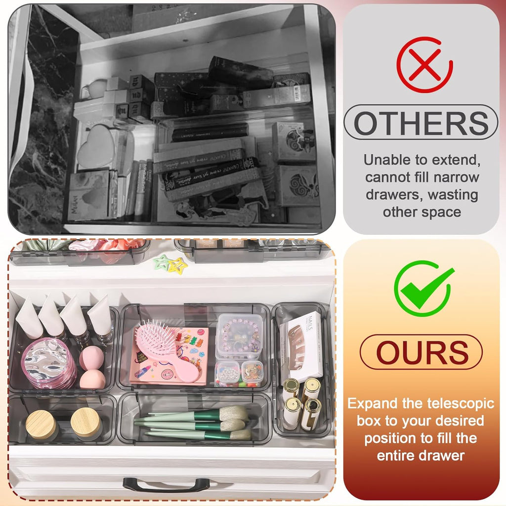 15 Pcs Extendable Clear Drawer Organizer, All Adjustable Vanity Storage Box, 2-Size Desk Drawer Organizer, Acrylic Storage Bins for Makeup, Bedroom Dressers Tool Organizer for Gadgets, Black