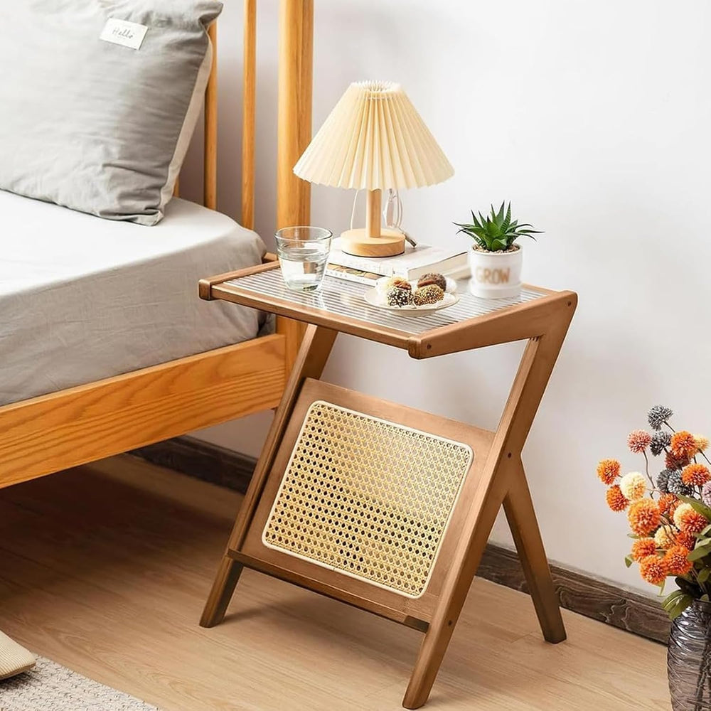 Z Shaped End Table, Wooden Coffee Tables with Storage,Boho Wooden End Table,S...