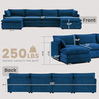 148'' Sectional Modular Cloud Couch, Oversized U Shaped 4 Seat Sofa with 2 Movable Ottomans, 2 Throw Pillows, Upholstered Corduroy U Shape Comfy Deep Couches for Living Room and Office, Blue