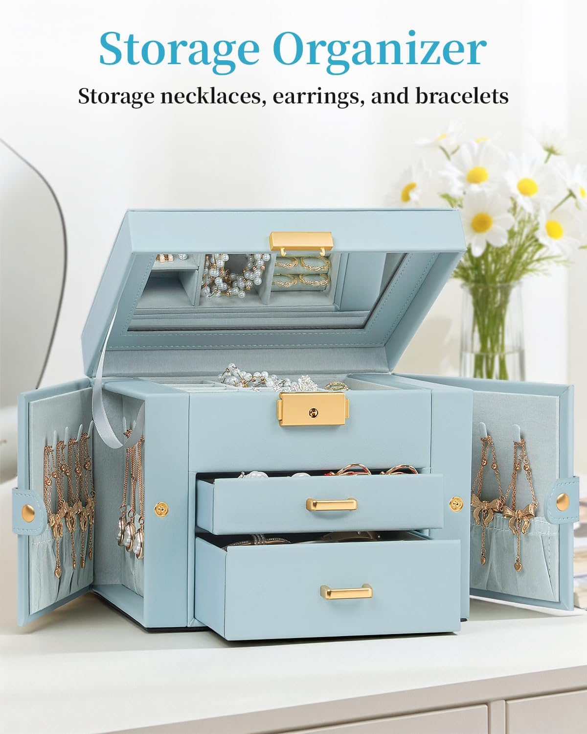 TORIBIO Jewelry Box for Women, Leather Jewelry Organizer with Mirror & Lock, 3-Tier Jewelry Storage Organizer with 2 Drawers for Girls/Women/Mothers, Necklace Earring Bracelets Holder Organizer