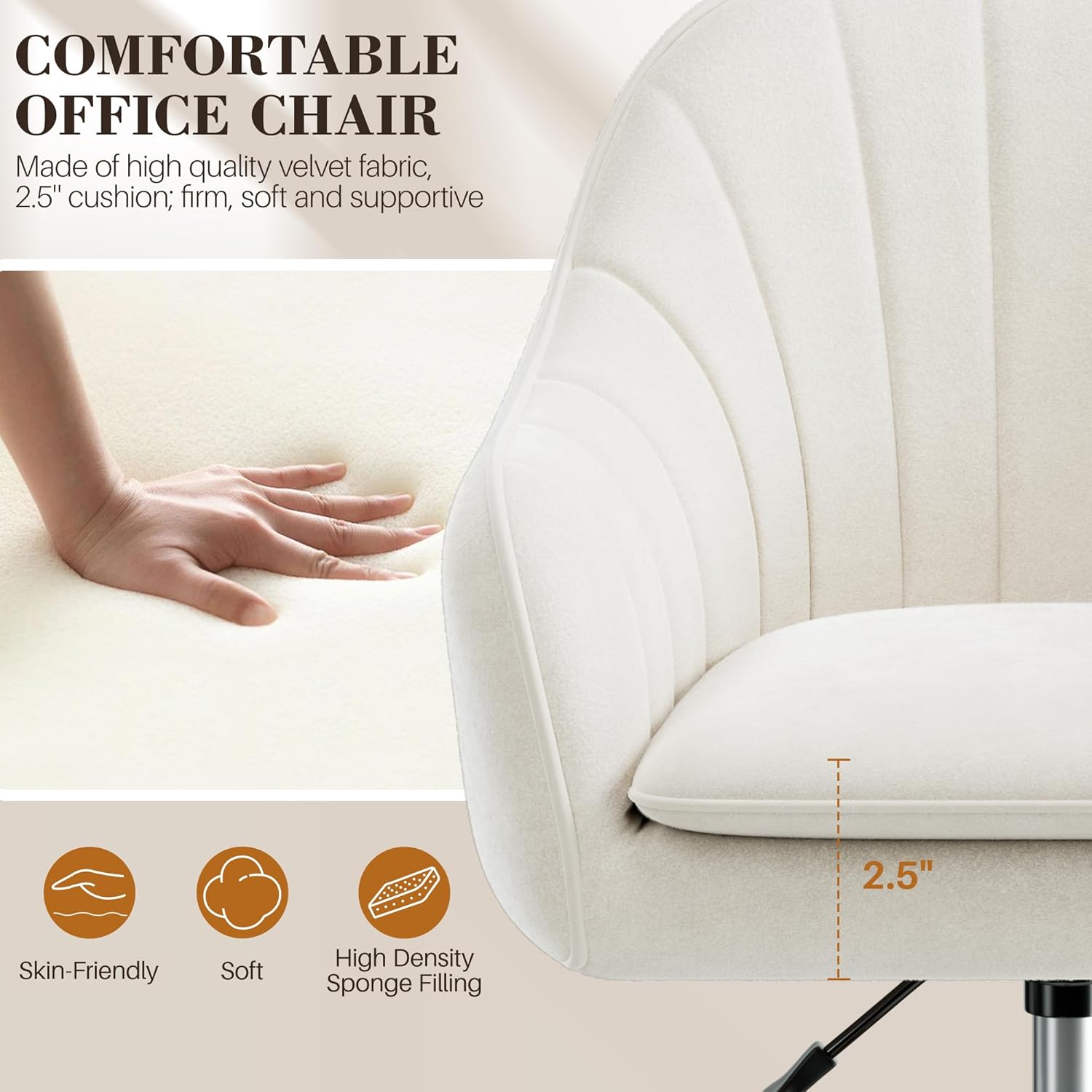 Vanity Chair with Wheels, Comfy Home Office Desk Chairs Adjustable Modern Velvet Makeup Vanity Chairs for Bedroom Living Room-Beige