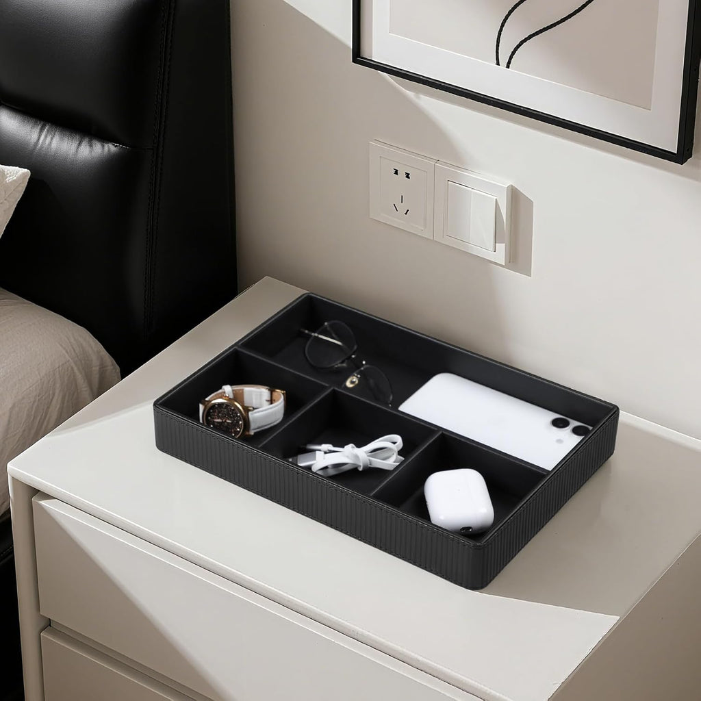 PU Leather Valet Tray, Decorative Trinket Vanity Desk Drawer Organizer Tray, Perfume Dish Catch All Bowl for Keys, Nightstand Drawer Organizer Women Men with 4 Compartments (Black)
