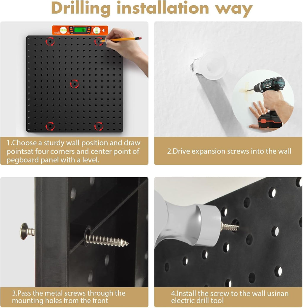 FZK Pegboard 32"*32",Black Pegboard 4pcs and 46 Peg Board Hooks with Strong Ribs Back Holds up for 200Ib,Peg Board Organizer for Walls for Garage Workshop Office