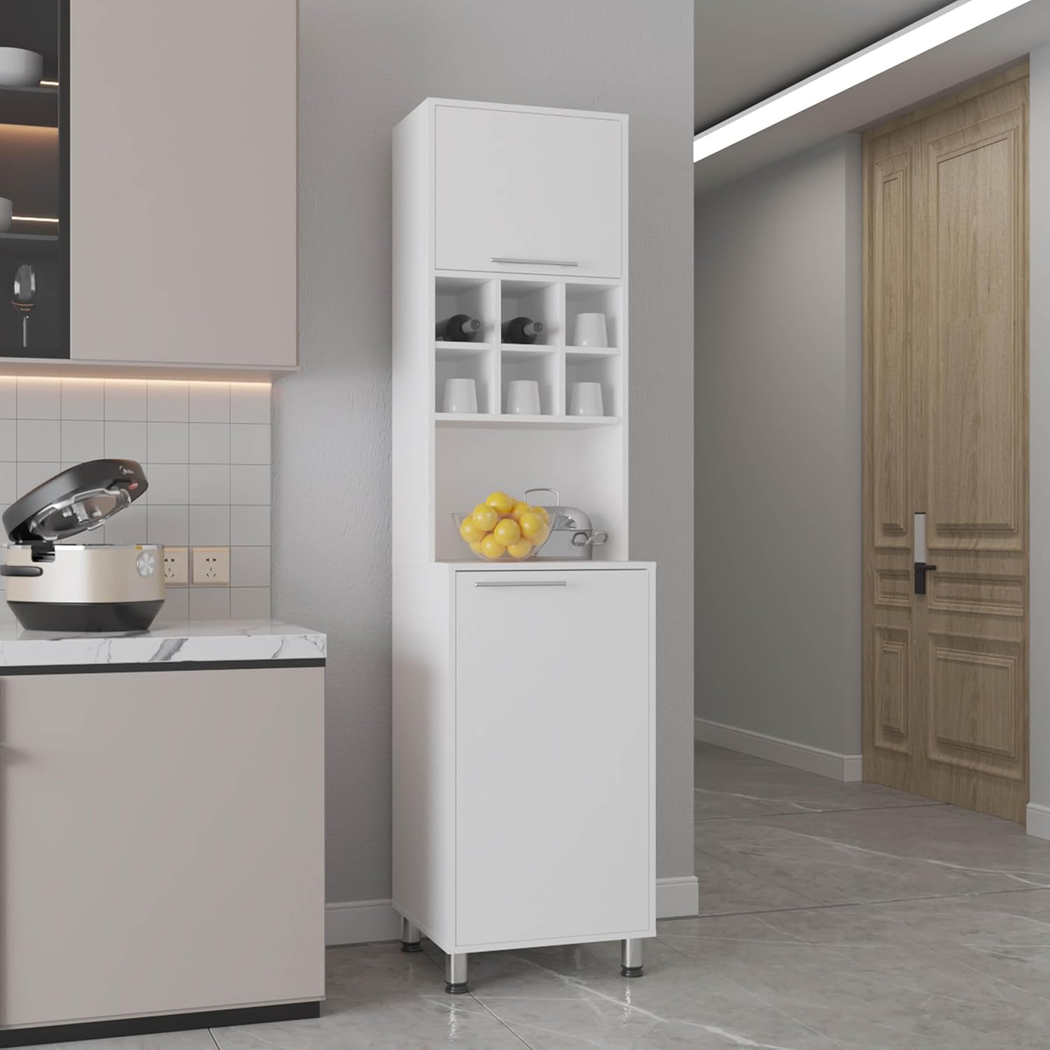 19.7" D*19.6" W*80.3" H Storage Cabinet with 6 Spice Cubbies, 2 Shelves & Single Door, Rectangular Kitchen Pantry, Modern Minimalist, for Living Room, Dining Room, White